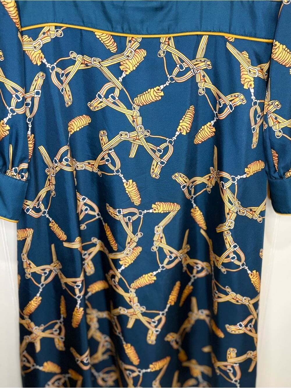 Besionia Milano 100%Mulberry Silk Bridle Print Equestrian Midi Dress Old Money M - Picture 5 of 11